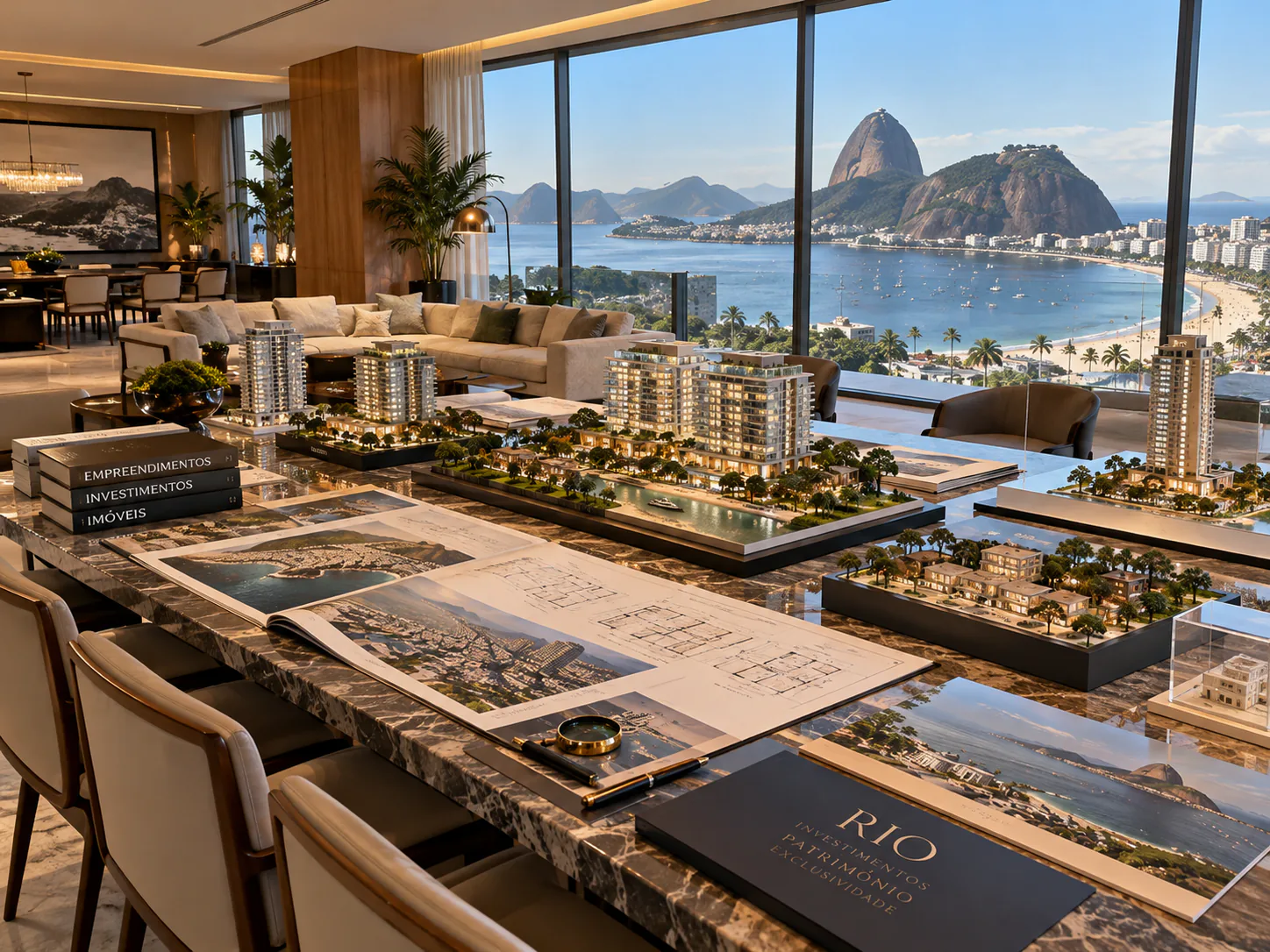 Mesa de apresentação com maquetes e plantas de empreendimentos, numa sala com vista para o Pão de Açúcar