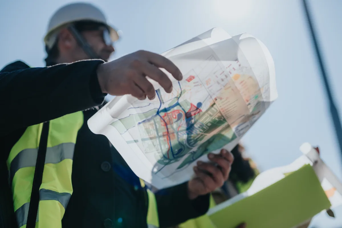Engenheiro analisando a planta de um empreendimento no canteiro de obra